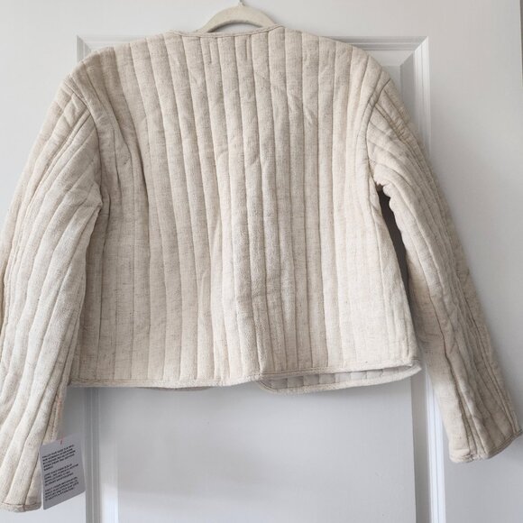 (NEW + TAGS) ASOS DESIGN linen crop collarless quilted jacket in oatmeal - Picture 2 of 5